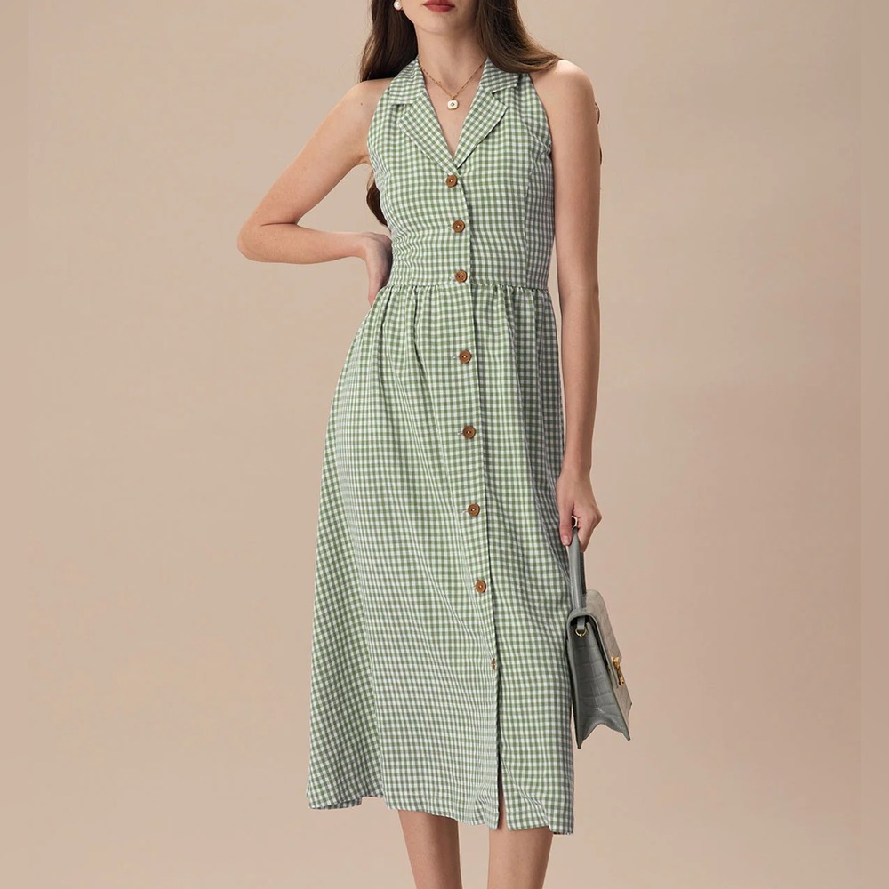 Rihoas Green Lapel Plaid Sleeveless Shirt Midi Dress